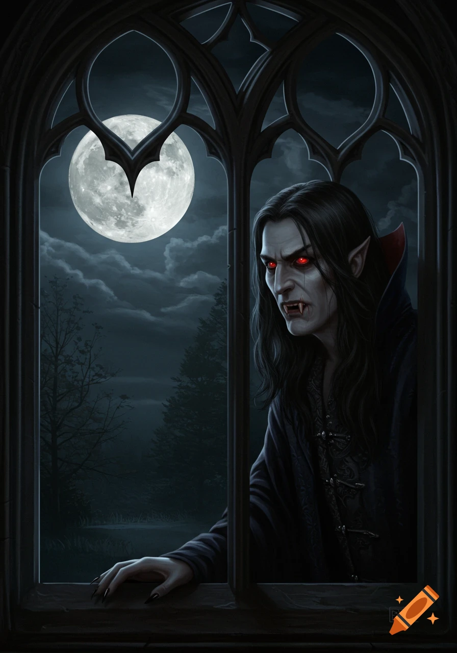 A vampire with red eyes looks out of a gothic window at a full moon.
