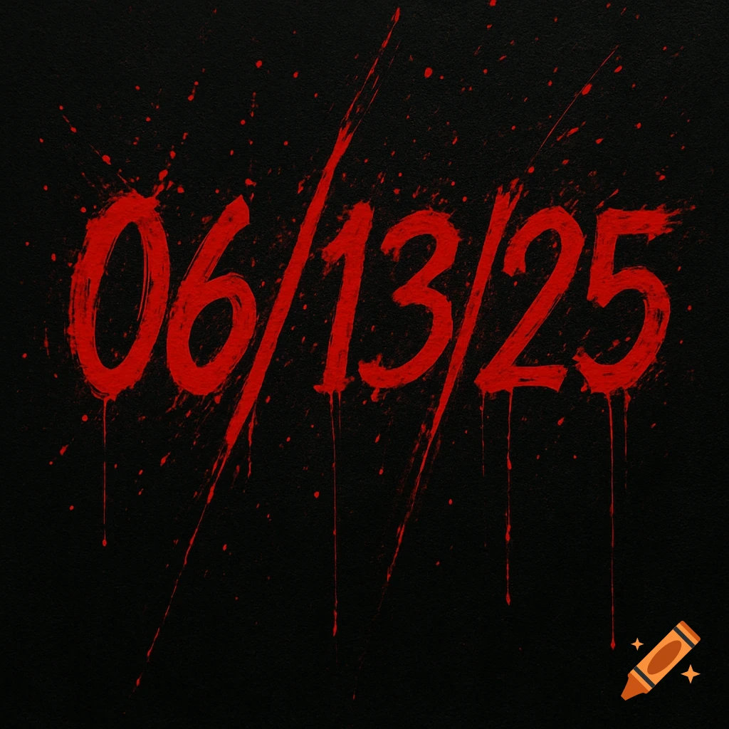 Aggressive red paint spatters forming the date 06/13/25 on a black background.