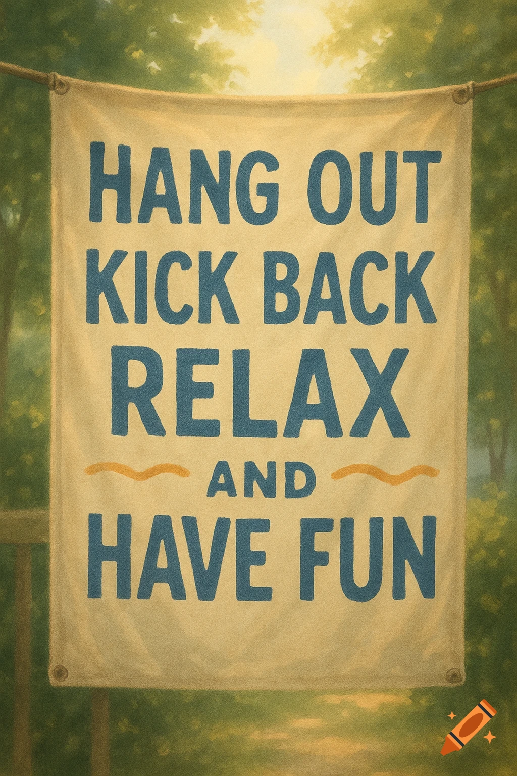 A banner hangs outdoors with the text 'Hang Out Kick Back Relax and Have Fun'.