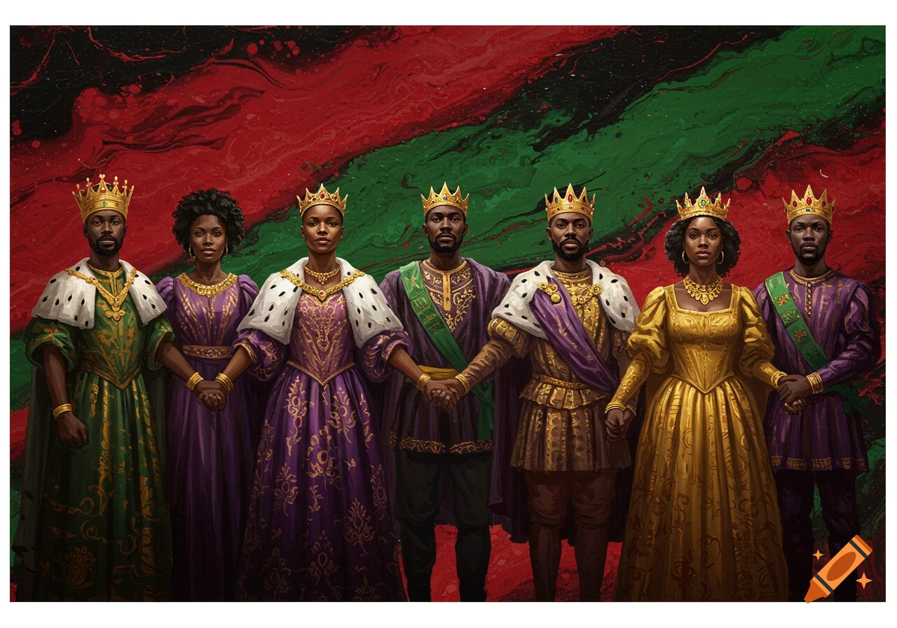 Seven Black people dressed as kings and queens hold hands before a red, black, and green swirling background.