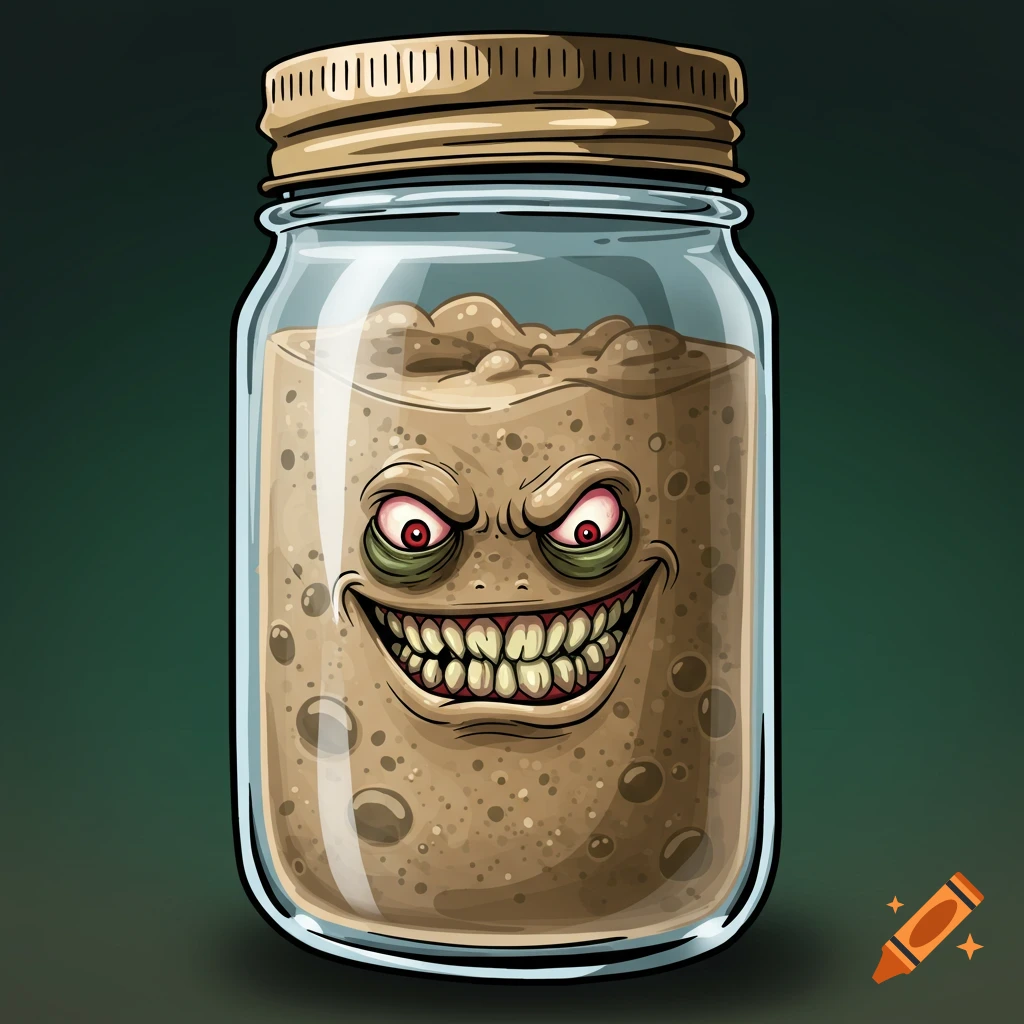 A cartoon monster face with jagged teeth and red eyes inside a glass jar.