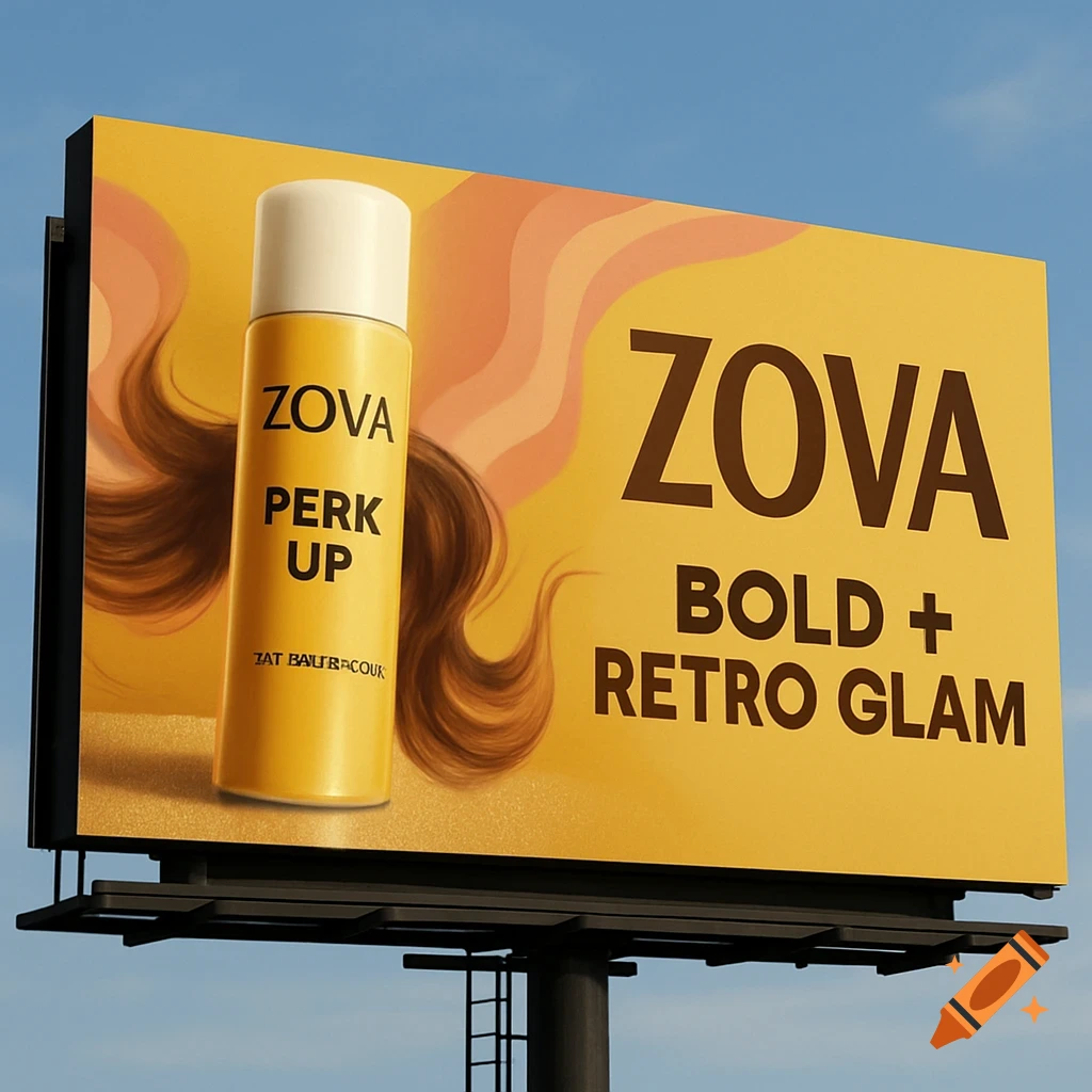 A yellow billboard under a blue sky advertises ZOVA Perk Up dry shampoo with the text Bold + Retro Glam.
