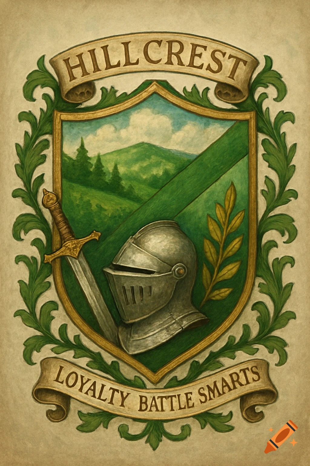 A painted crest with a shield showing a landscape, sword, helmet, and leaves, with banners saying 'HILLCREST' and 'LOYALTY BATTLE SMARTS'.