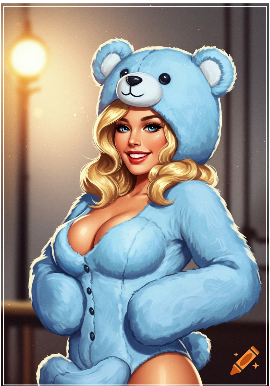 An illustration of a blonde woman in a blue teddy bear costume.