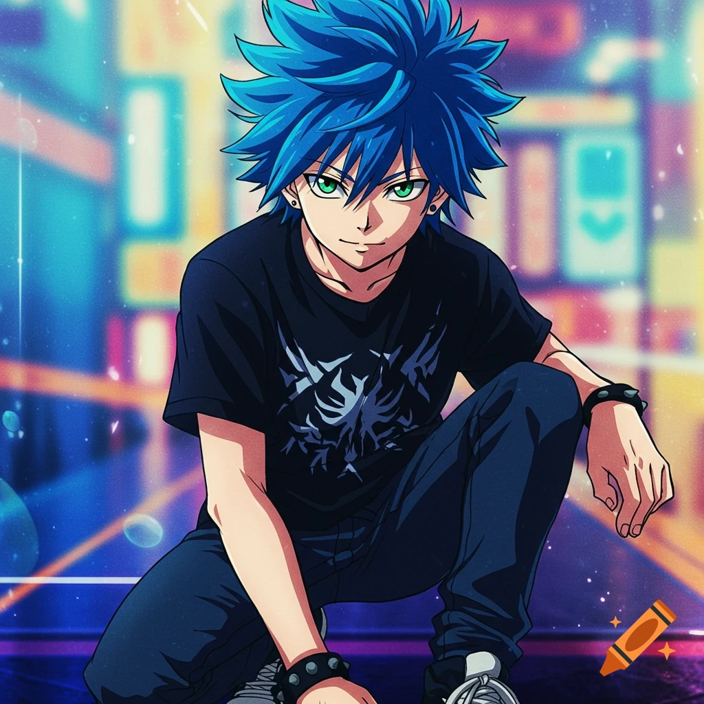 Anime boy with blue spiky hair and green eyes crouching in front of a blurred city background.