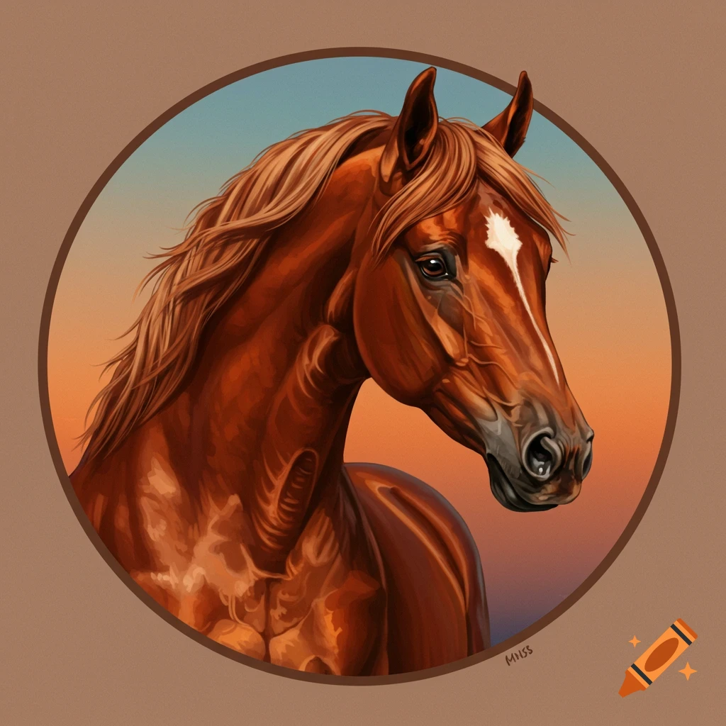 Digital painting of a brown horse in profile inside a circle, against an orange and blue sky.