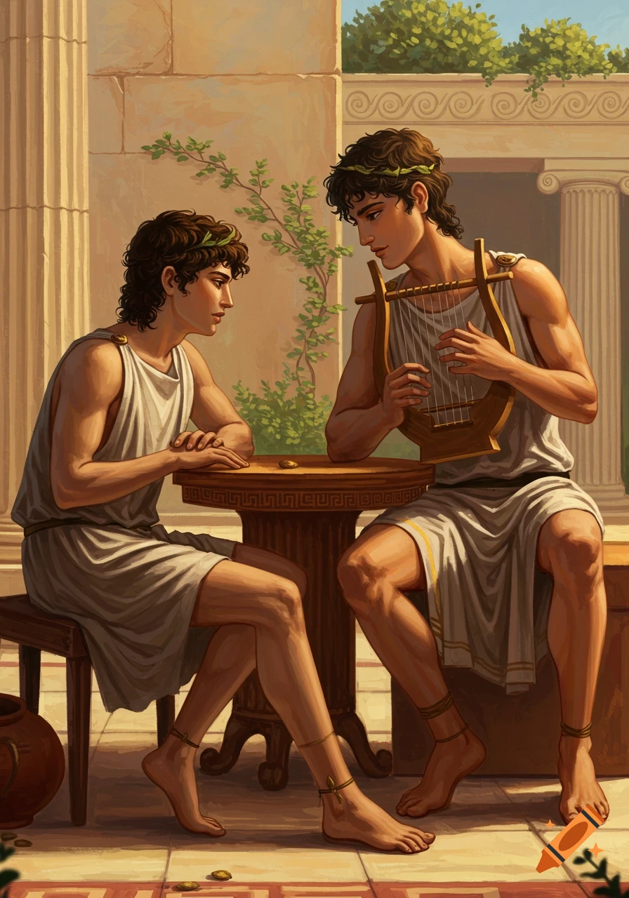 Two young men in ancient Greek clothing, one playing a lyre for the other while sitting at a table.