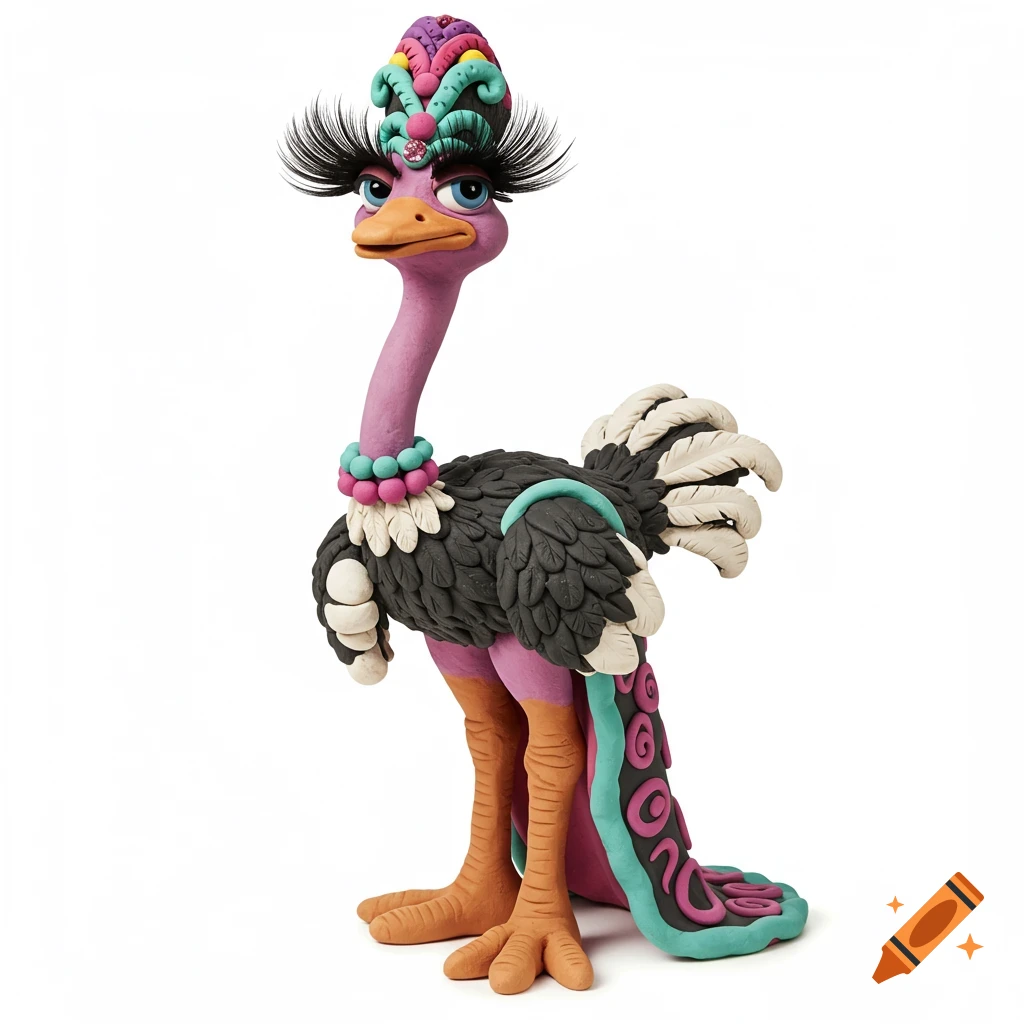 A claymation ostrich diva with long eyelashes and a flamboyant headdress on a white background.