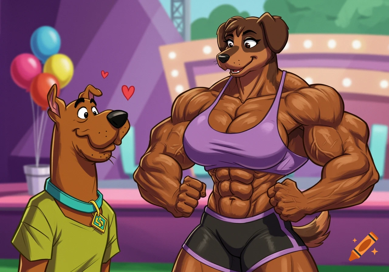 Scooby-Doo admires a muscular female anthropomorphic dog on a stage.