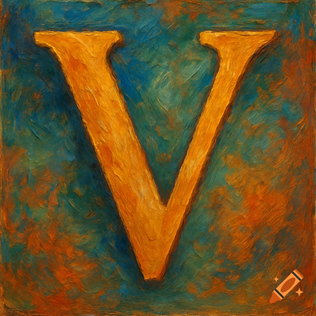 Large orange letter V on a textured blue and orange background in a painterly style.