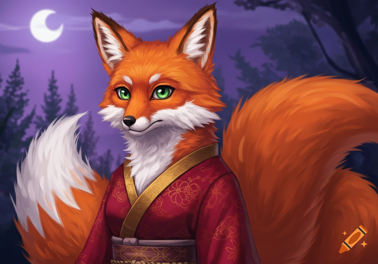 Anthro fox wearing a red kimono stands under a crescent moon at night.