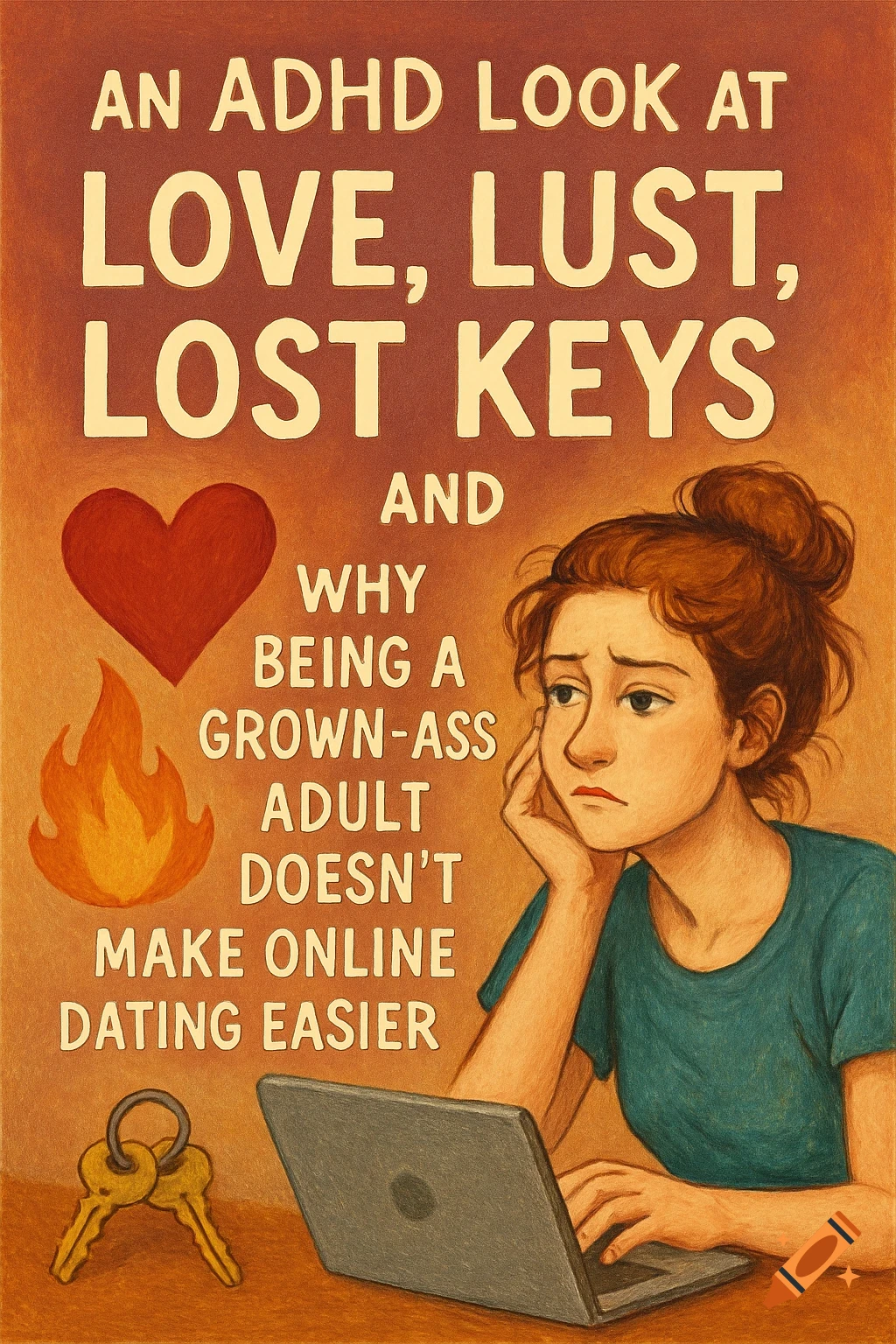 Illustration of a stressed woman at a laptop with text about dating, love, and ADHD, alongside symbols of a heart, flames, and keys.
