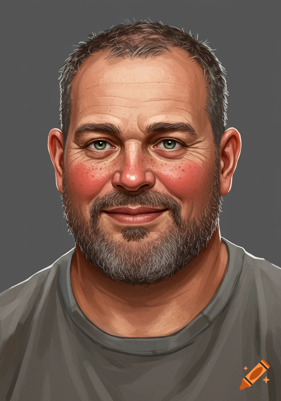 Illustration portrait of a man with a beard, green eyes, freckles, and rosy cheeks wearing a grey shirt.