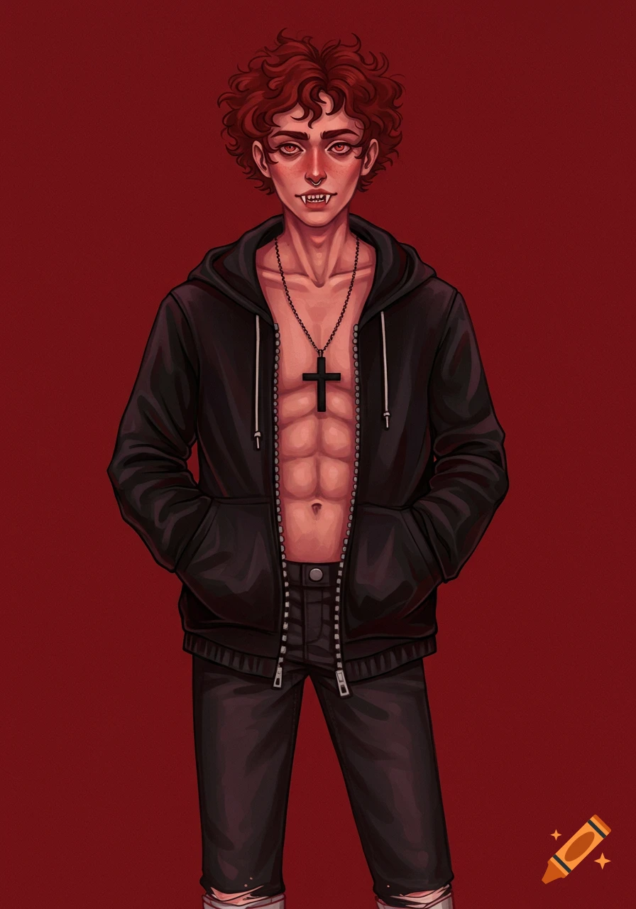 Illustration of a young man with red curly hair, fangs, open black hoodie showing abs, and a cross necklace against red.