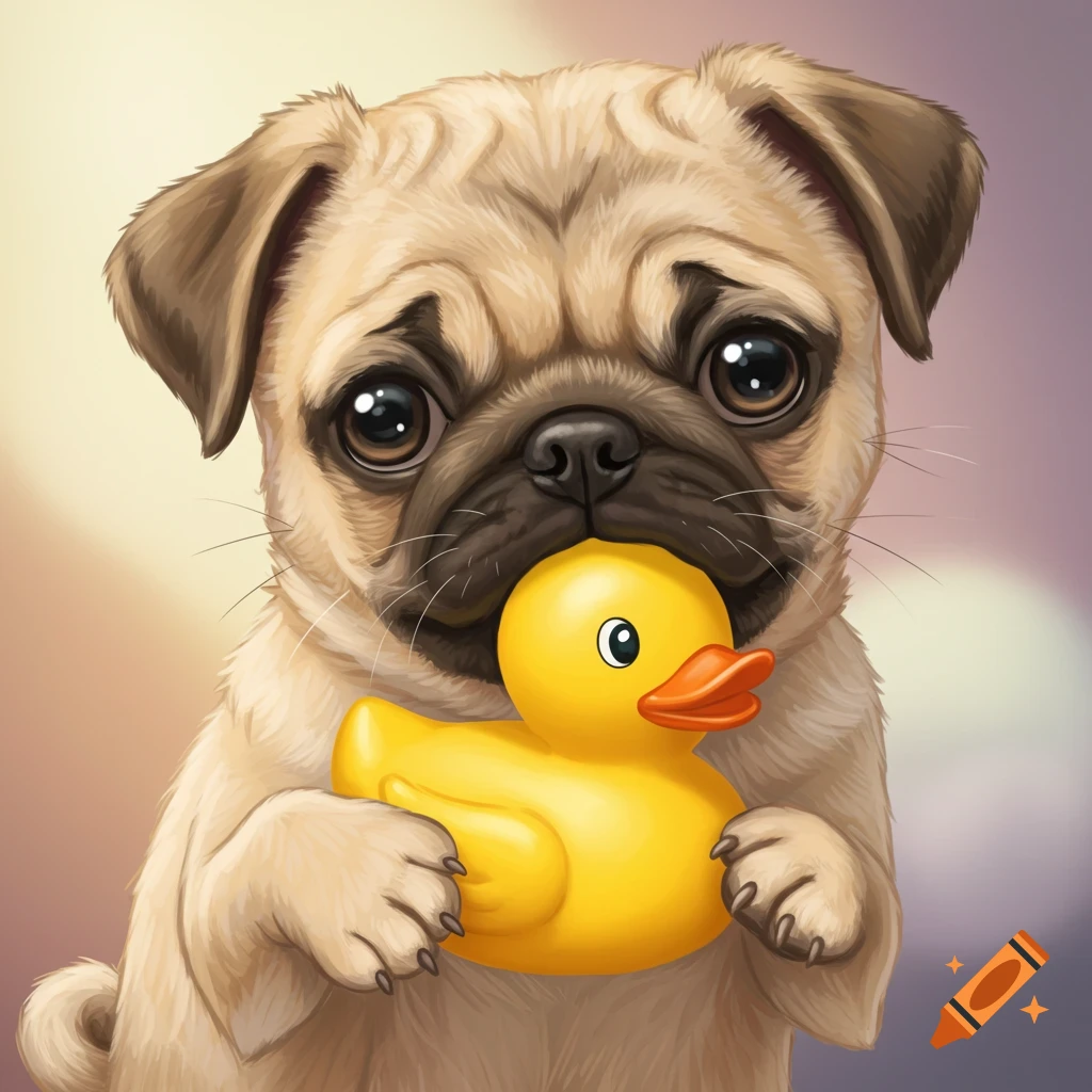 A cute baby pug puppy holds a yellow rubber duck in its mouth, depicted in a digital painting style.