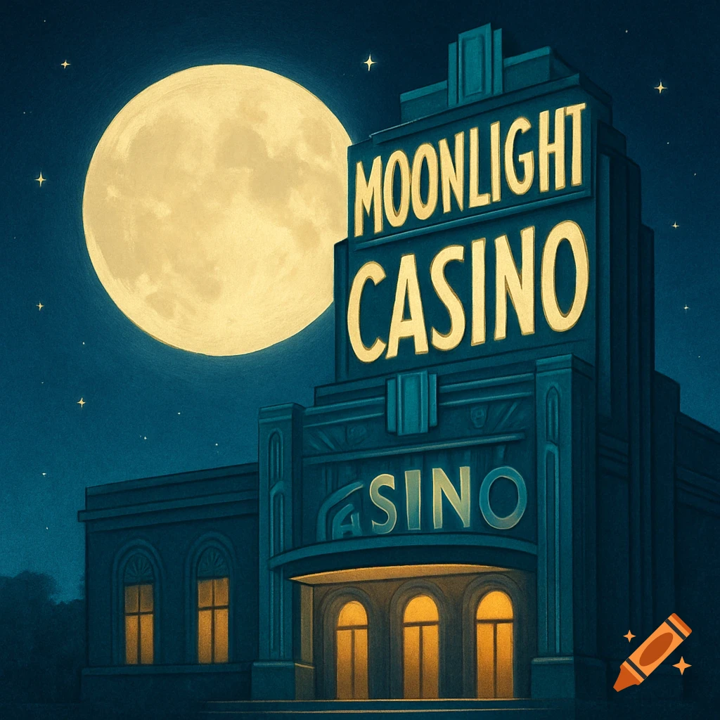 Illustration of an art deco style casino building at night with a large full moon and stars in the sky. Signage reads "MOONLIGHT CASINO".