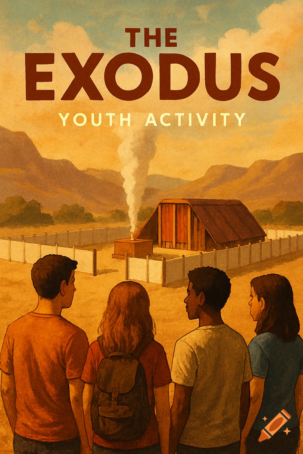 Young people look at the Tabernacle in a desert landscape with text 'The Exodus Youth Activity'. Illustration style.