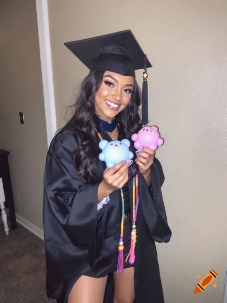 Young woman in graduation cap and gown holds two squishy toys