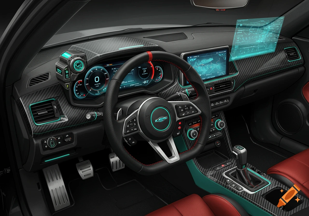 Futuristic car interior with carbon fiber dashboard and digital displays