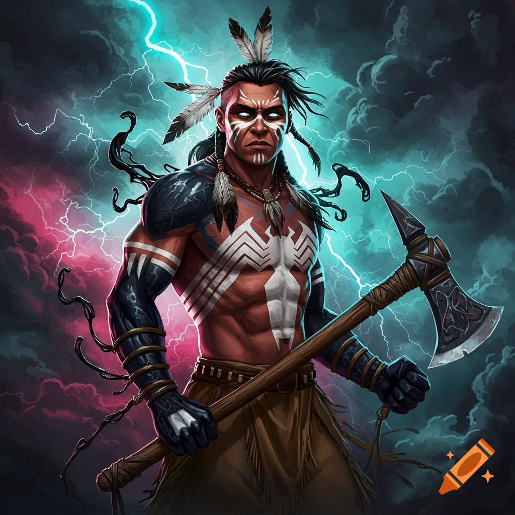 A powerful Native American warrior fused with Venom stands against a stormy sky with lightning, holding an axe in a comic book style.