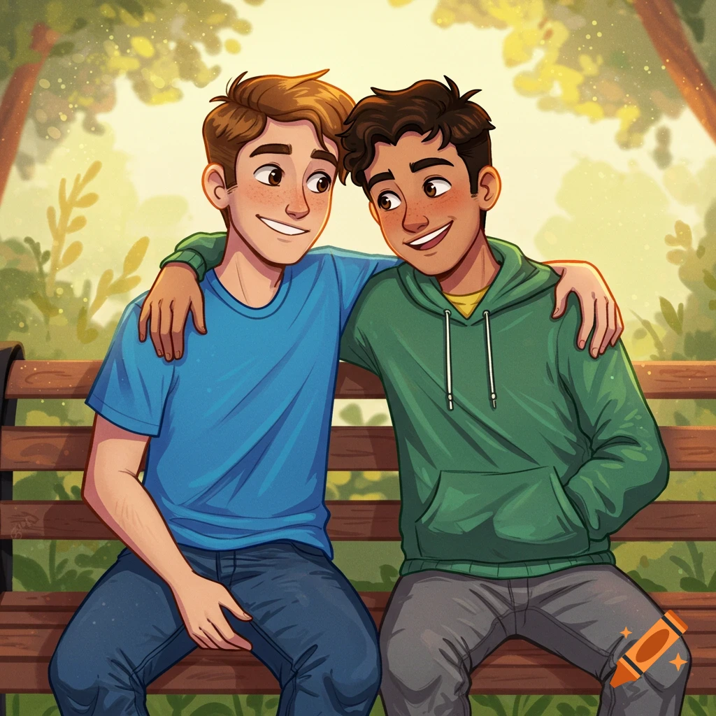 A cartoon illustration of two young men sitting on a park bench, smiling at each other.