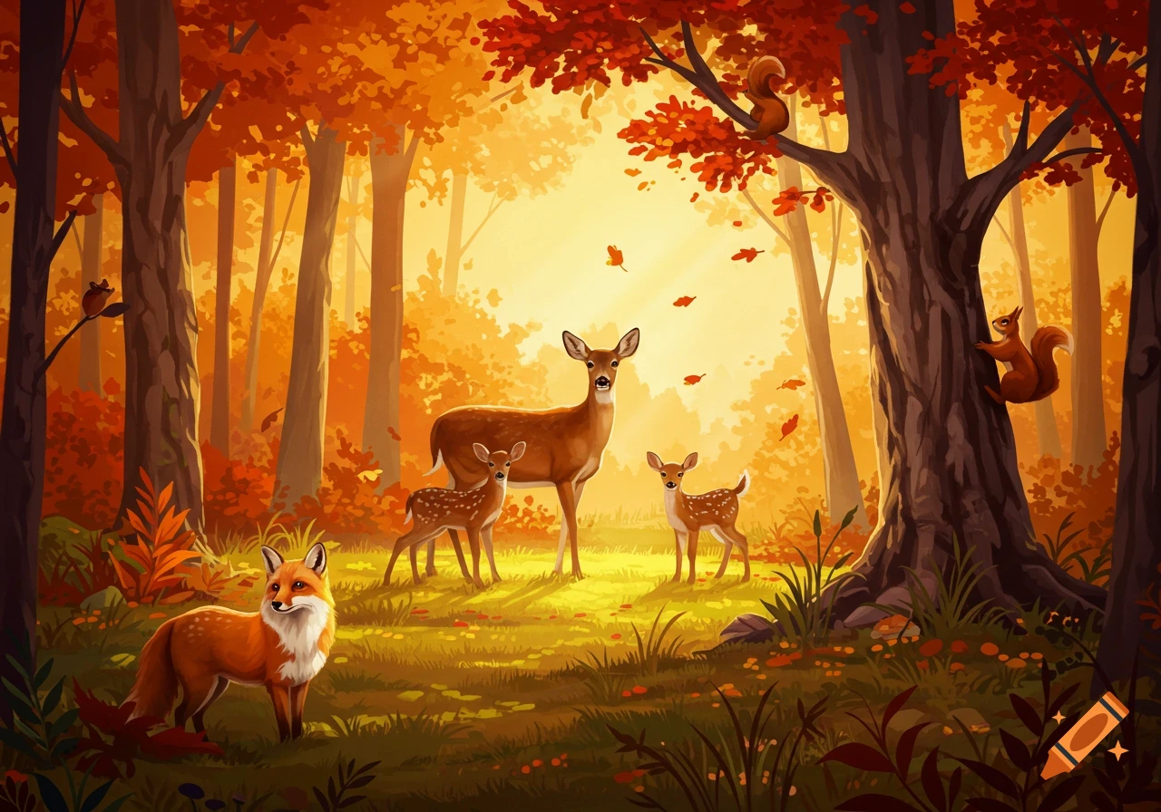 Illustrative autumn forest scene with deer family, fox, and squirrels.