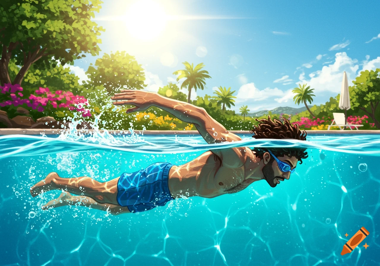 A man swims freestyle in a bright blue pool on a sunny day.