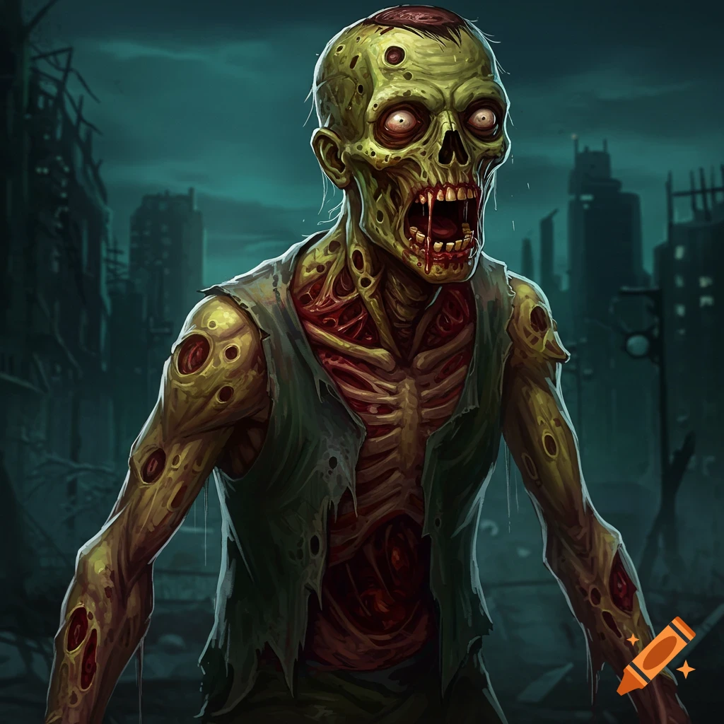 A stylized illustration of a decaying zombie in a ruined city.