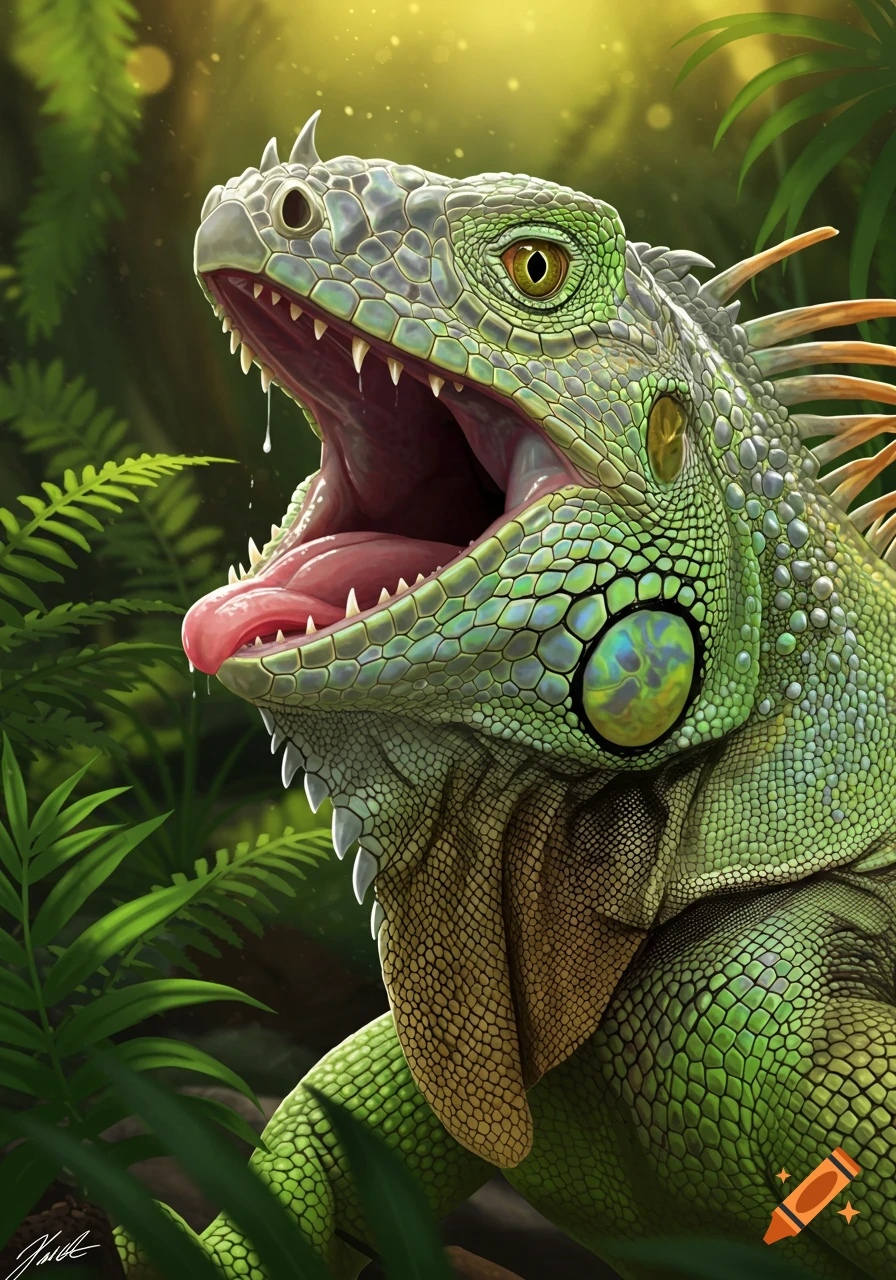 Close-up illustration of a green iguana yawning in a jungle setting.