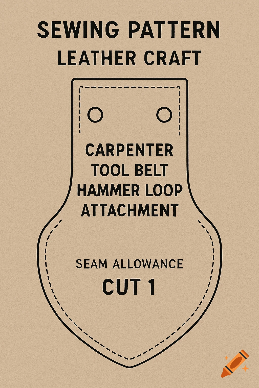 Sewing pattern diagram for a leather craft tool belt hammer loop attachment on a brown background.