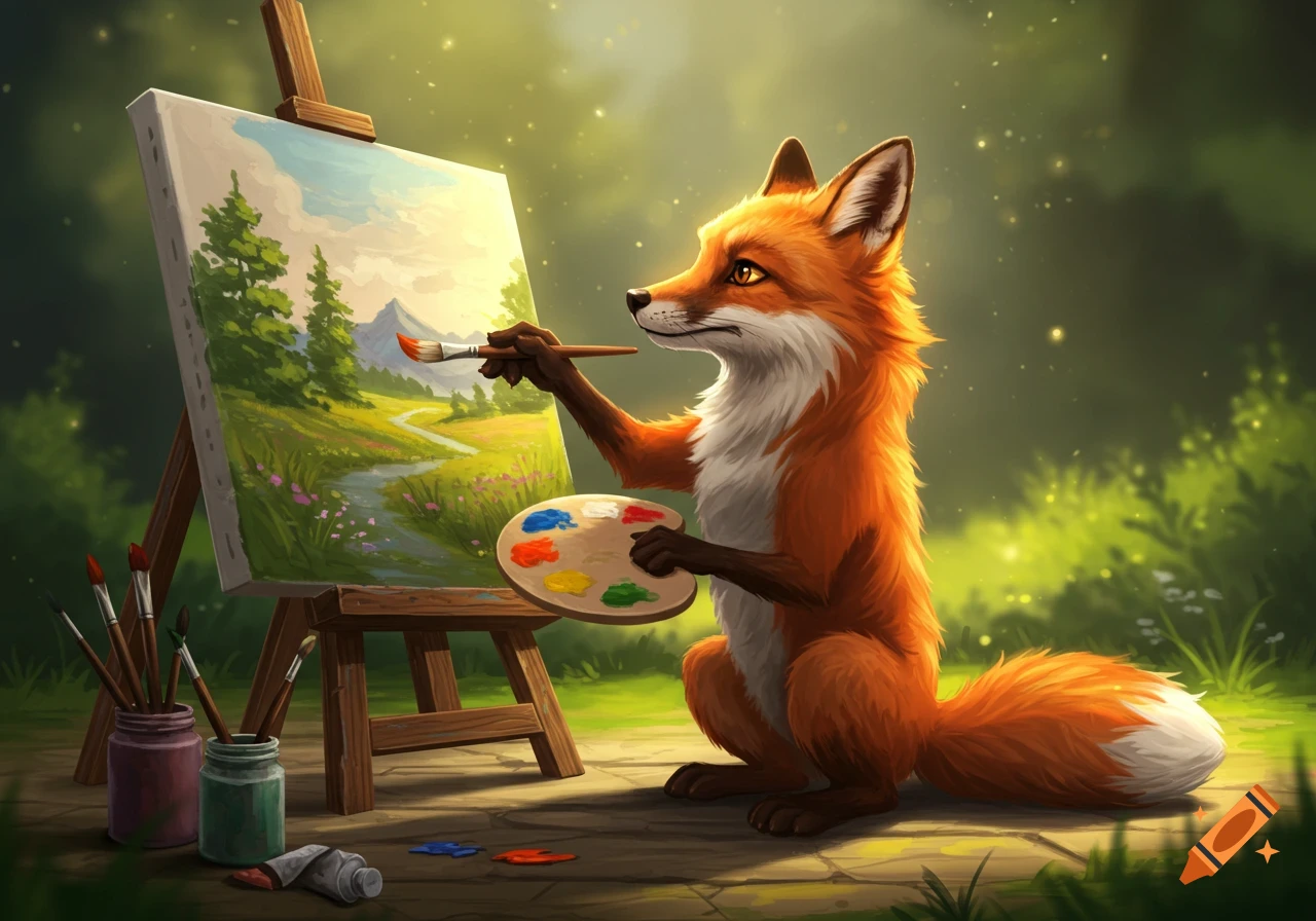 An anthropomorphic fox sits outdoors, painting a landscape on an easel with a brush and palette.