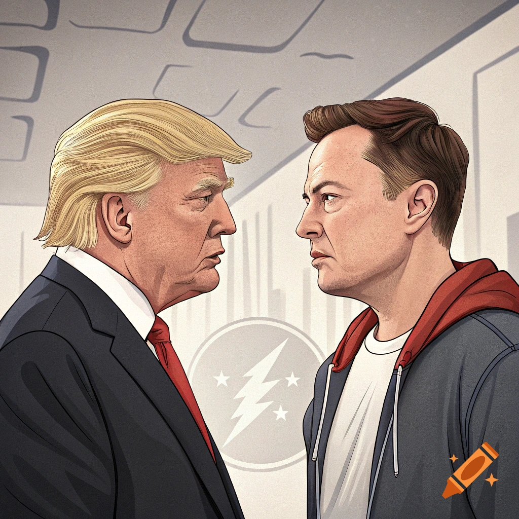 Illustration of Donald Trump and Elon Musk facing each other.
