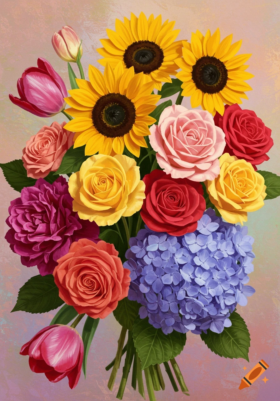 A colorful bouquet of sunflowers, roses, tulips, and hydrangeas