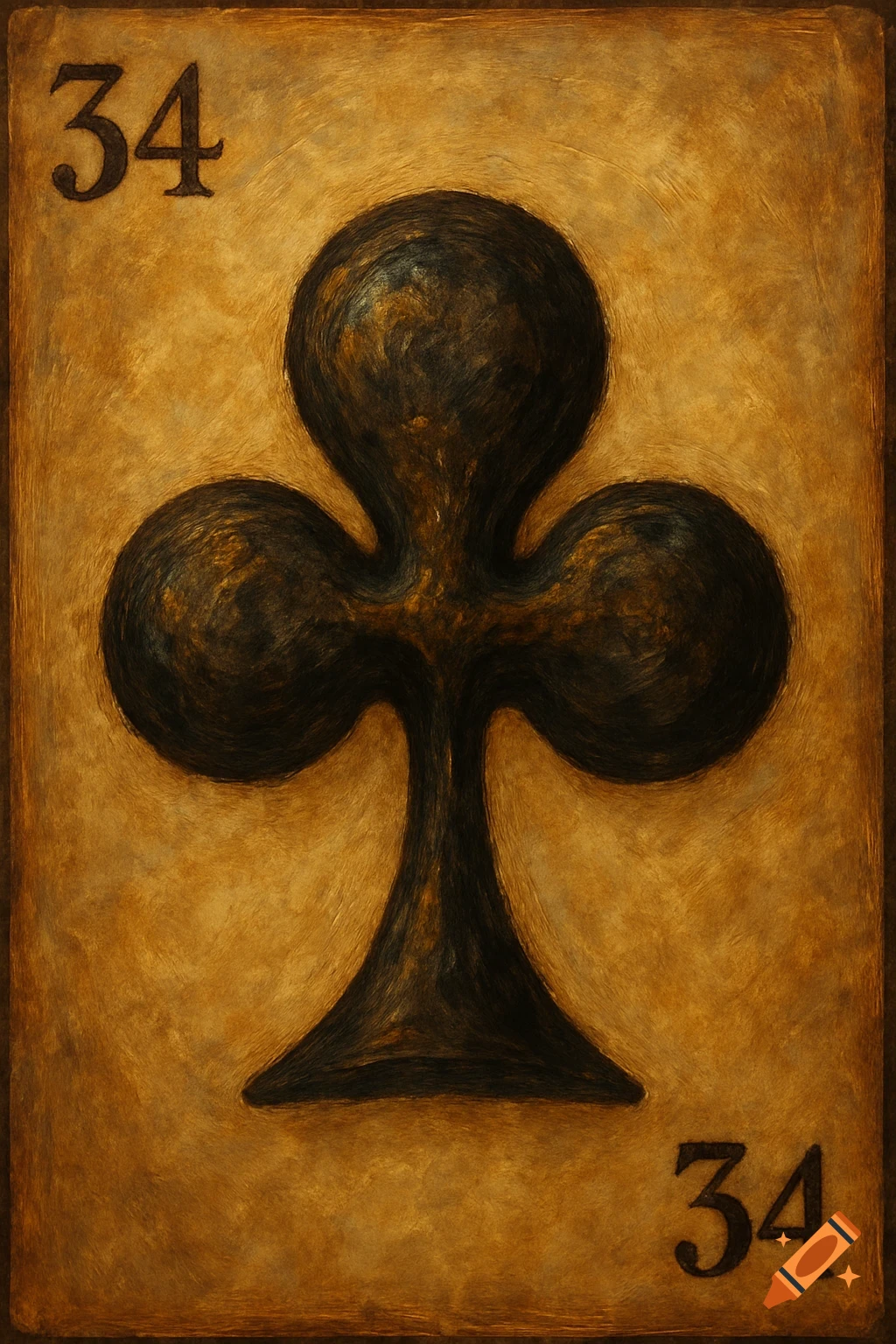 A playing card featuring a club suit symbol and the number 34 on a textured background.