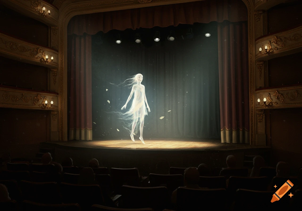 A translucent figure stands on a theatre stage under spotlights, viewed from the audience.
