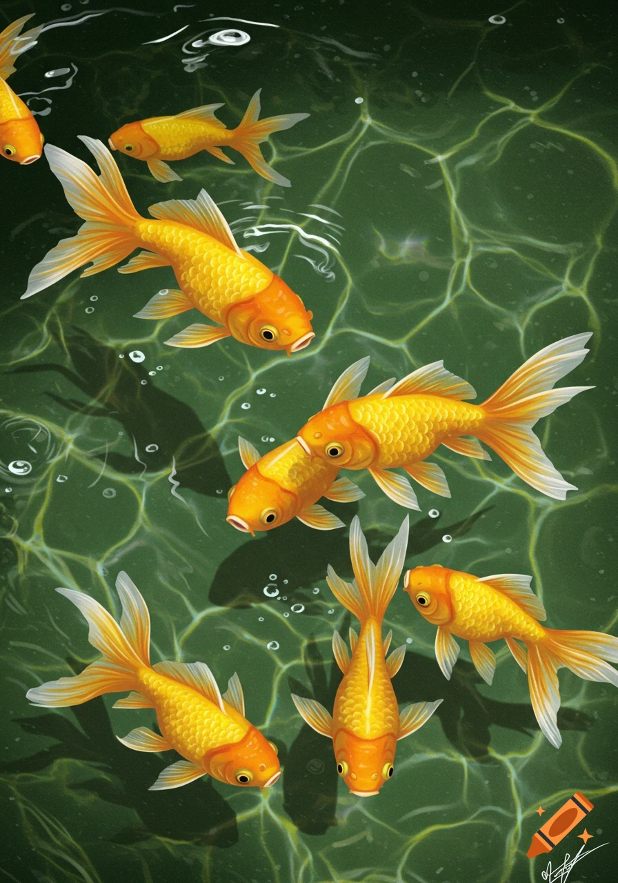 Several goldfish swim in green water with light ripples.