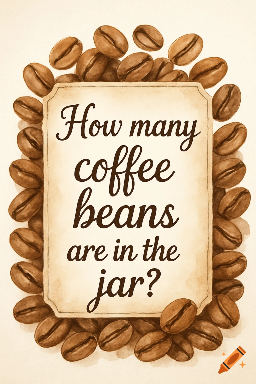 A watercolor illustration of a sign asking 'How many coffee beans are in the jar?', surrounded by coffee beans.