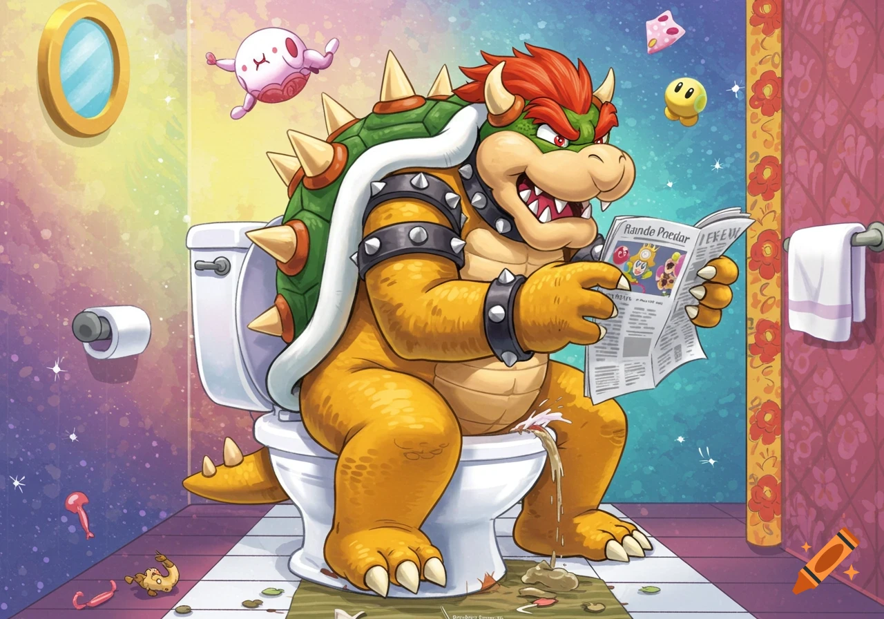 Bowser sits on a toilet reading a newspaper in a cartoon illustration.