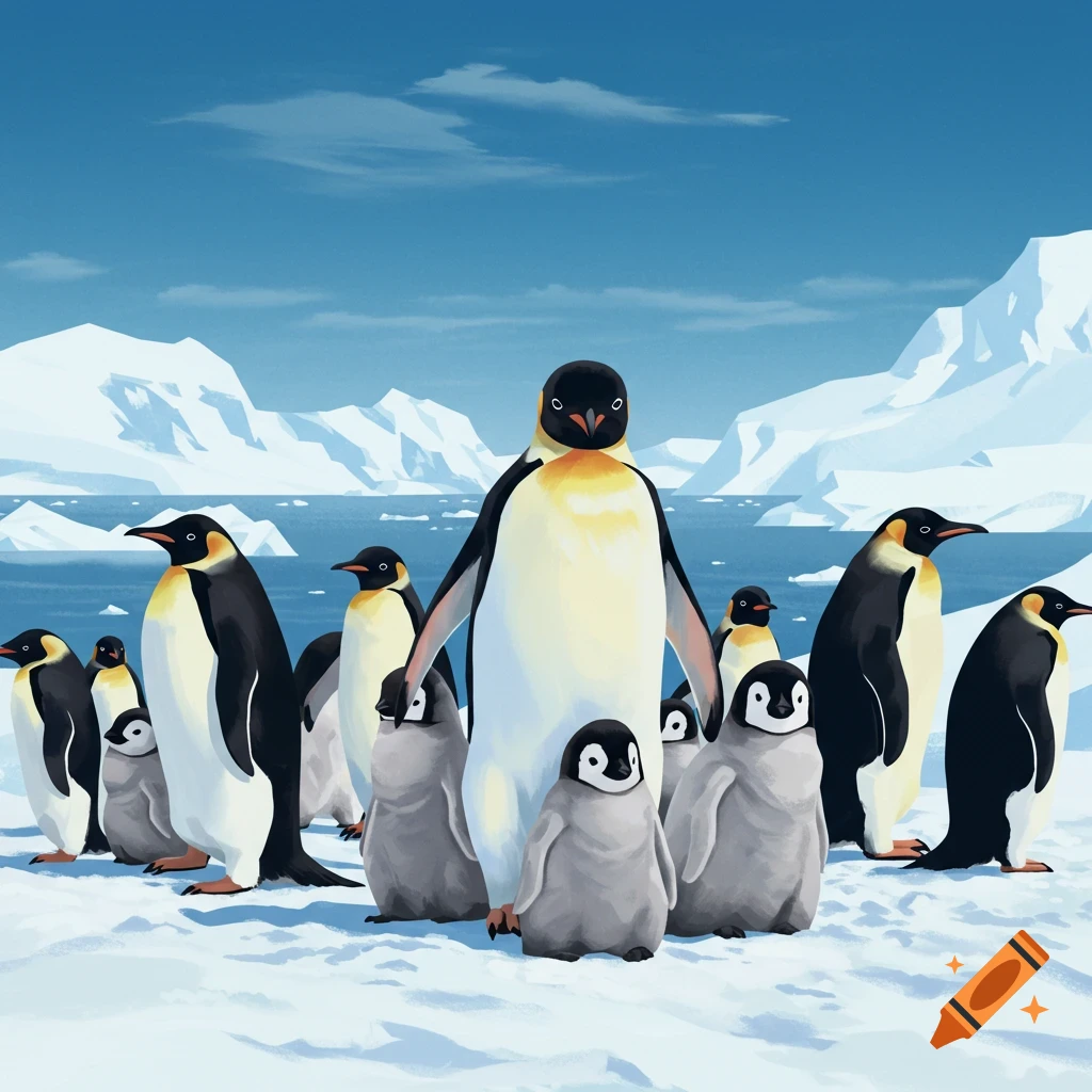 A group of emperor and baby penguins stand on snow with icy mountains and water in the background in a stylized illustration.