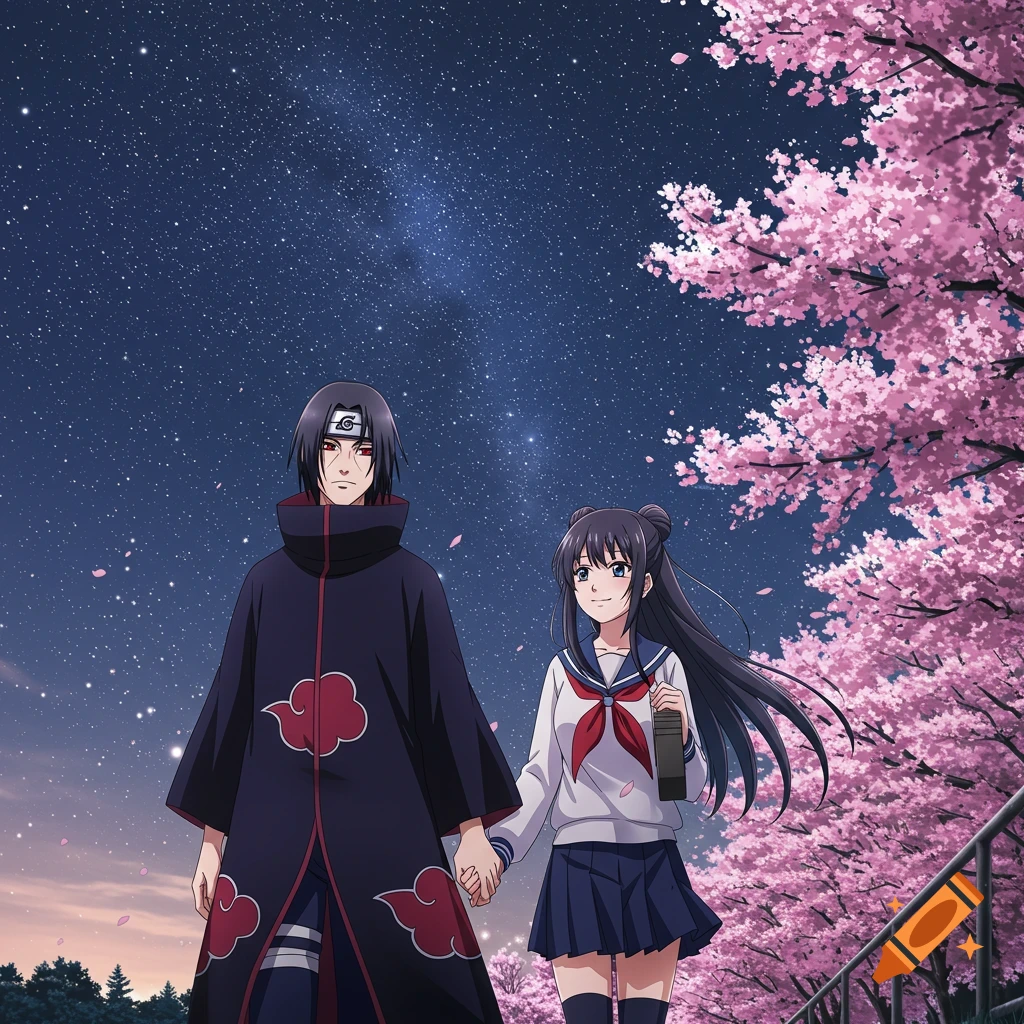 Anime characters resembling Itachi Uchiha and Usagi Tsukino hold hands under a starry night sky with cherry blossoms.