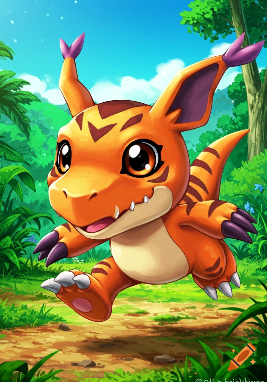 Agumon the Digimon jumping in a jungle setting, digital illustration