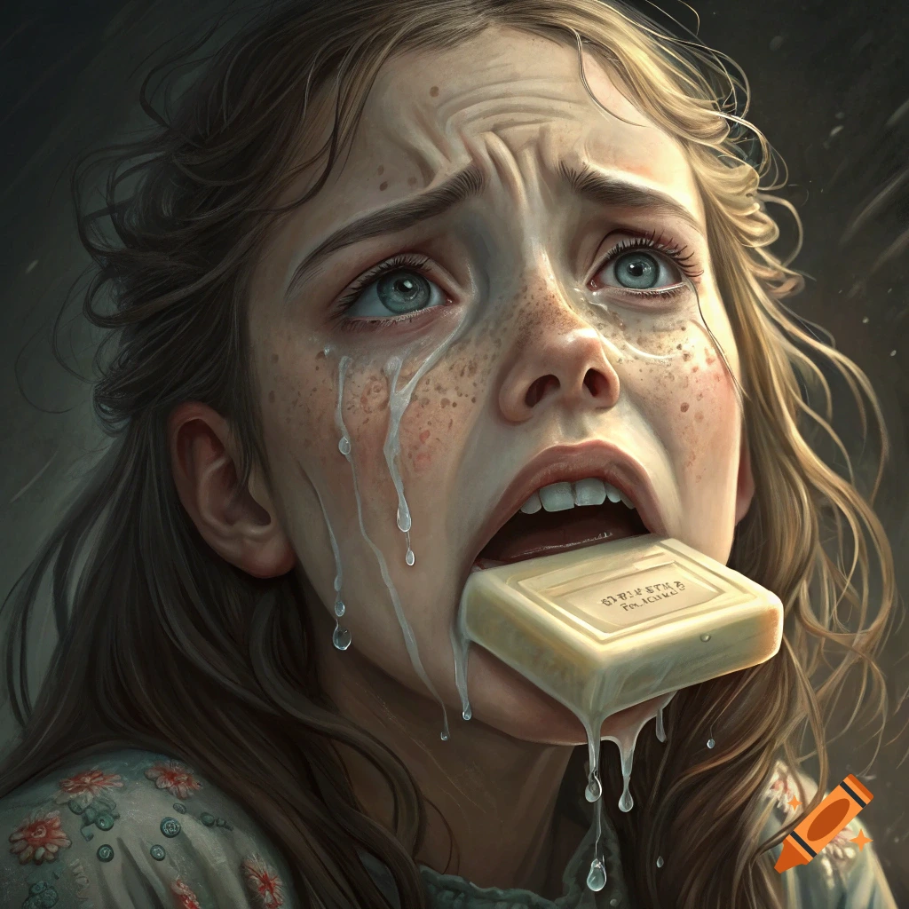 Close-up digital painting of a girl crying with a bar of soap in her mouth.