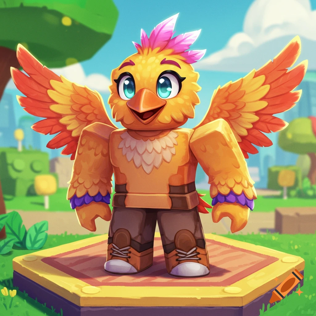 A cartoon blocky bird character in a Roblox-like style stands on a platform.