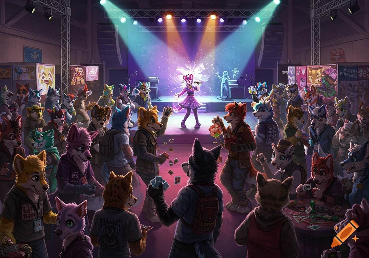 Crowd of furry characters watching a performer on stage at a convention.