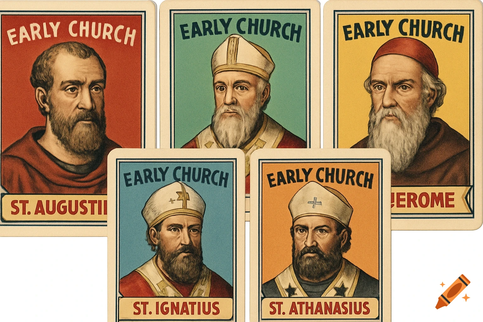 Five vintage-style trading cards showing portraits of early church figures.