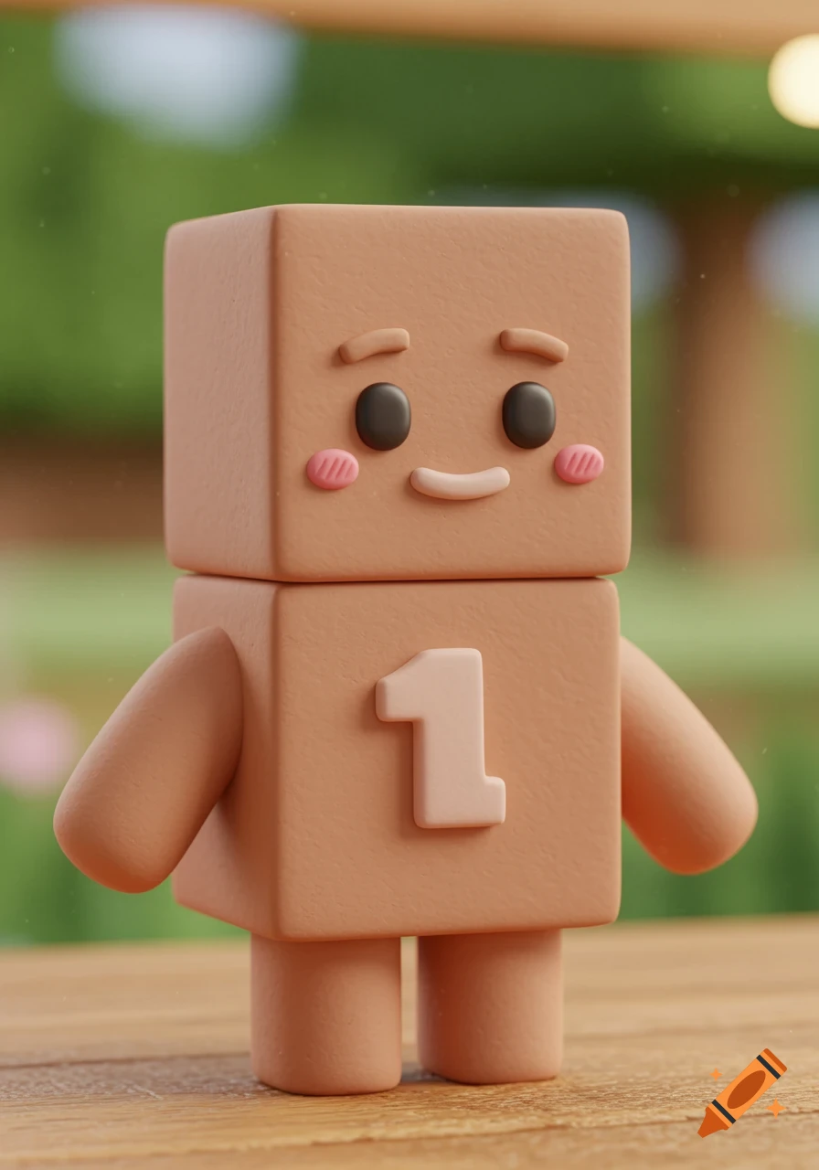 A brown blocky character with a friendly face and the number 1 on its chest, rendered in a soft claymation style.