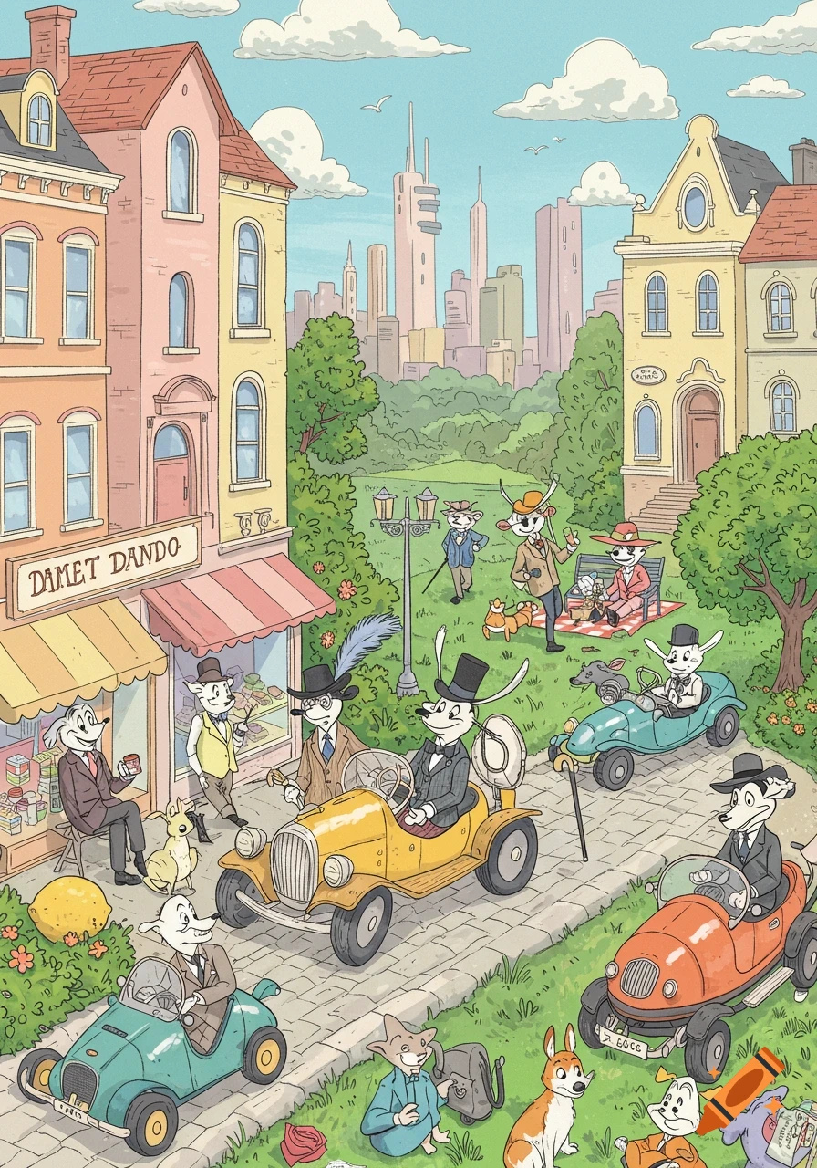 A colorful cartoon drawing of anthropomorphic animals dressed as dandies, driving vintage cars and walking on a street and in a park with buildings and a cityscape in the background.