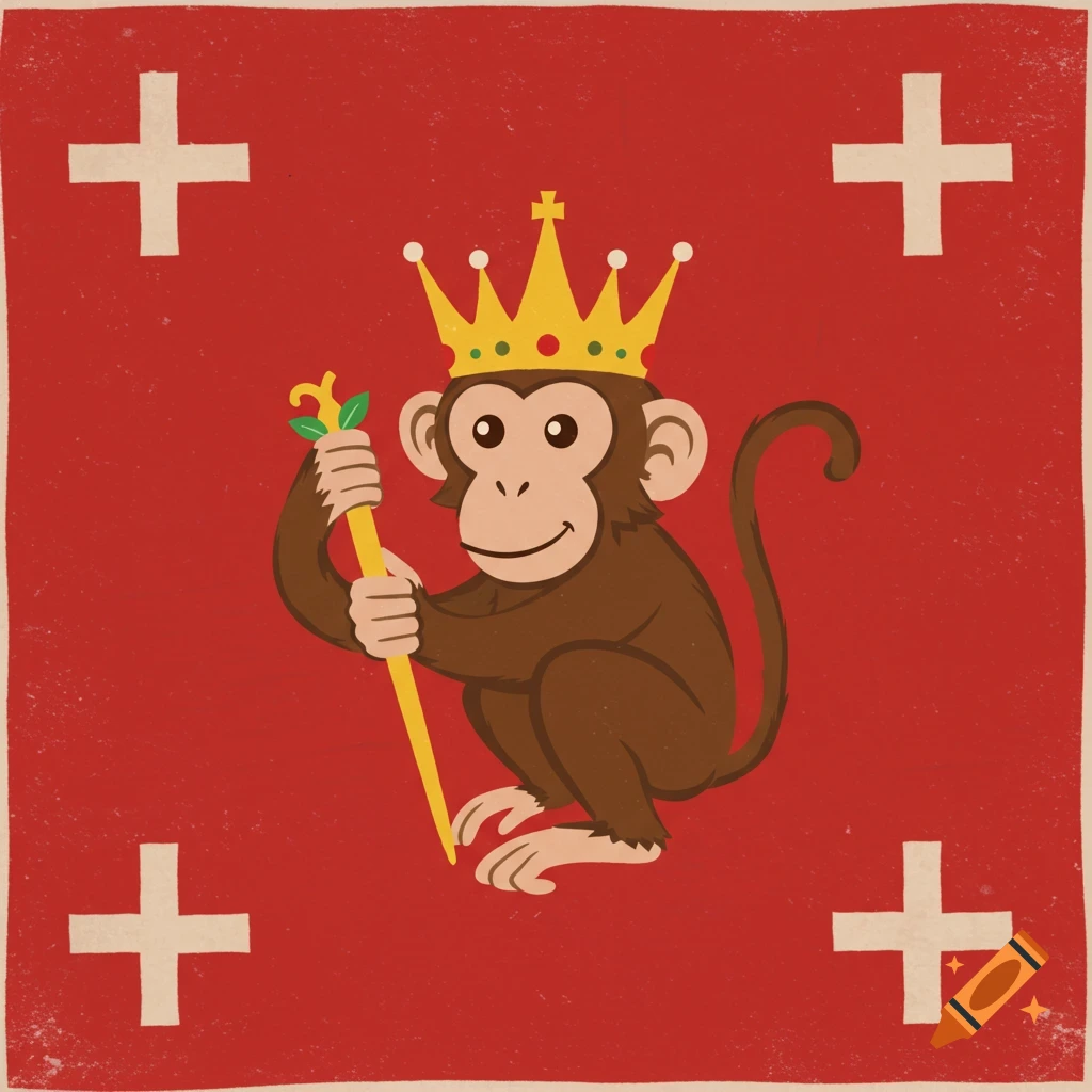 Illustration of a monkey king holding a staff on a red flag with white crosses in the corners.