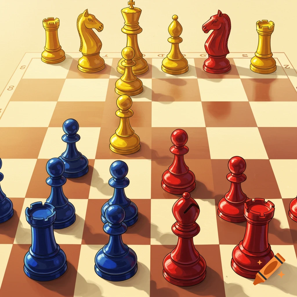 Angled view of a colorful chess set with gold, blue, and red pieces on a cream and brown board.