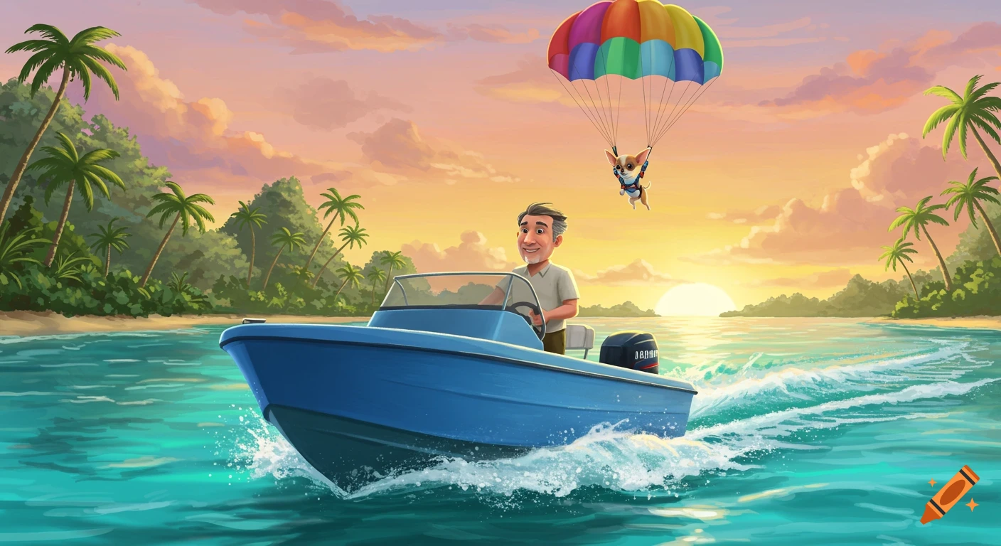 A man drives a boat as a dog in a harness parasails over the ocean at sunset. Illustrated style.